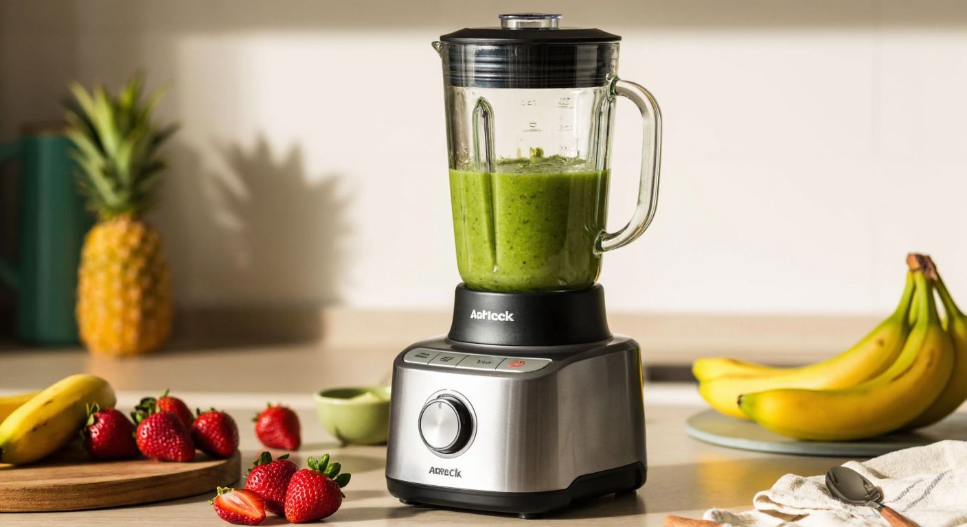 A sleek silver Arçelik blender with a transparent pitcher filled with vibrant green smoothie, surrounded by fresh fruits like strawberries and bananas on a sunlit Turkish kitchen counter.