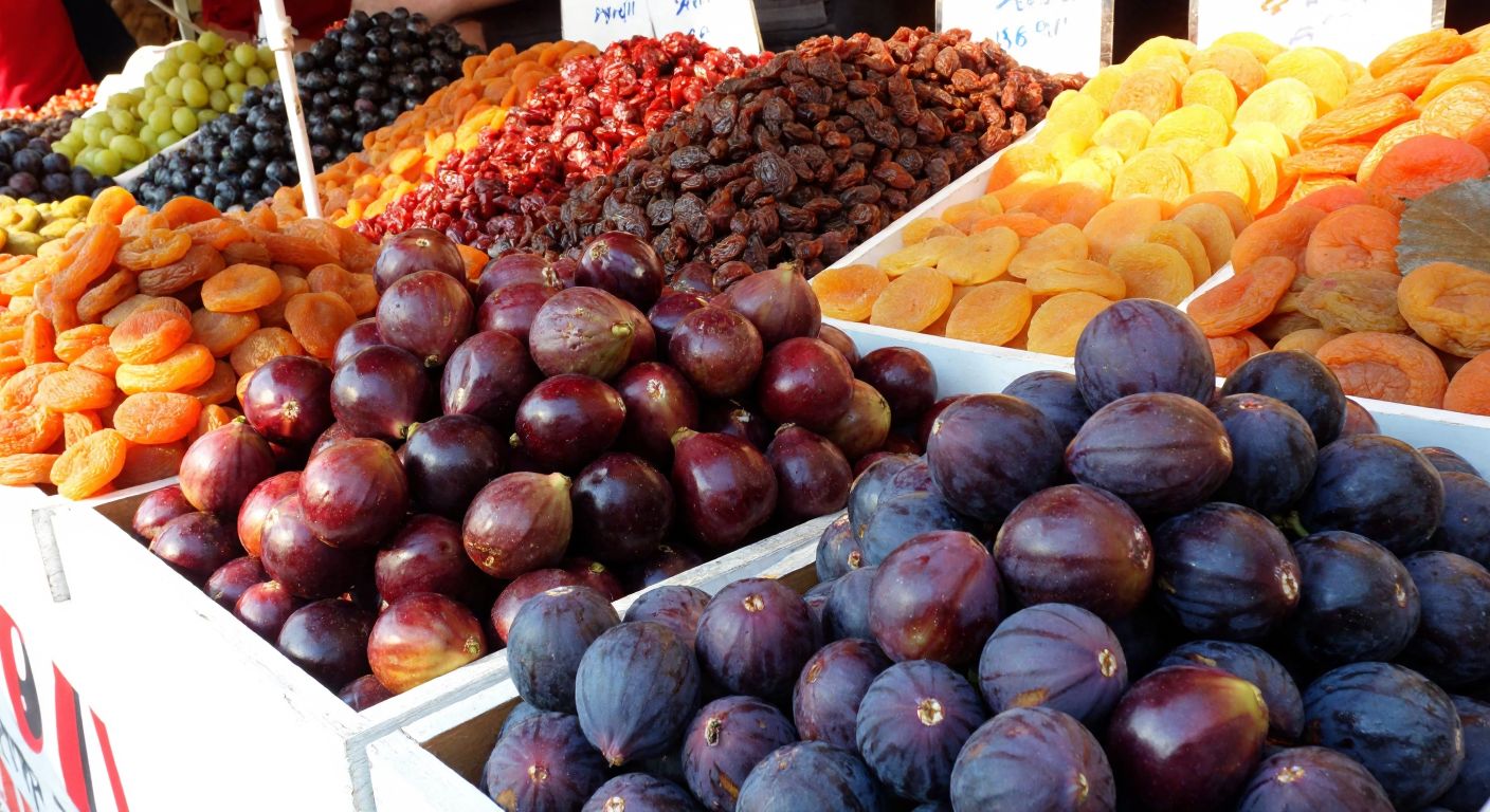 A vibrant Turkish market stall displaying plump, juicy fresh fruits like figs and grapes on one side, contrasted with neatly arranged dried fruits like apricots and raisins on the other, under warm sunlight.