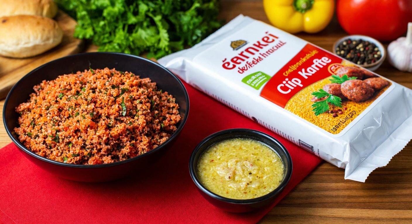 A vibrant Turkish kitchen countertop with a bowl of freshly prepared *kısır* (bulgur salad) next to an open packet of *çiğ köfte harcı* (raw meatball mix), surrounded by ingredients like isot (pepper flakes), pomegranate molasses, and olive oil, evoking warmth and tradition.