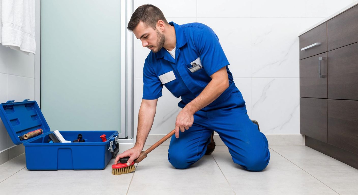 A plumber in a blue work uniform kneels on a tiled bathroom floor in Manisa, carefully cleaning a copper pipe with a brush while a toolbox lies open beside him.