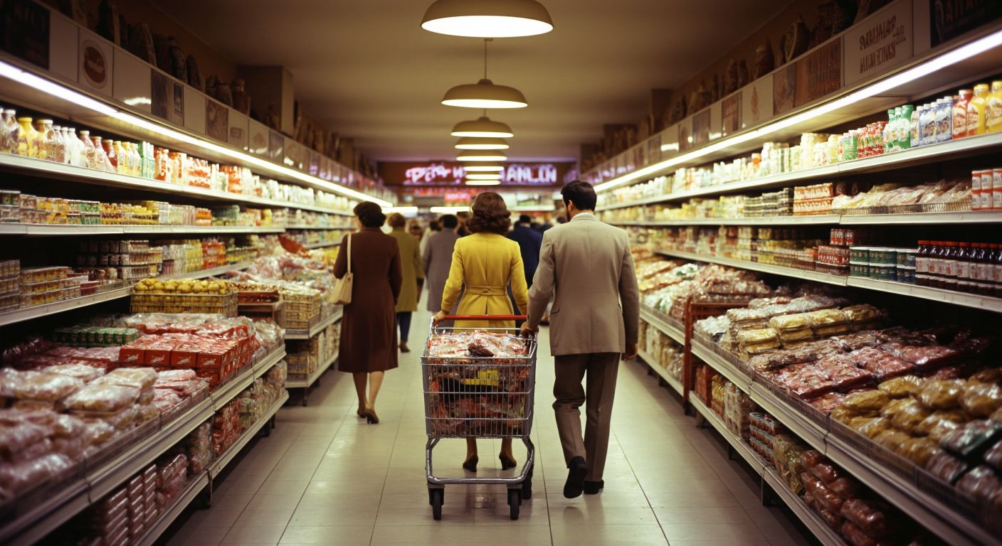 A bustling 1970s-era Turkish supermarket aisle with shoppers in vintage clothing pushing metal carts, shelves stocked with colorful local products, and a warm glow from overhead lights.