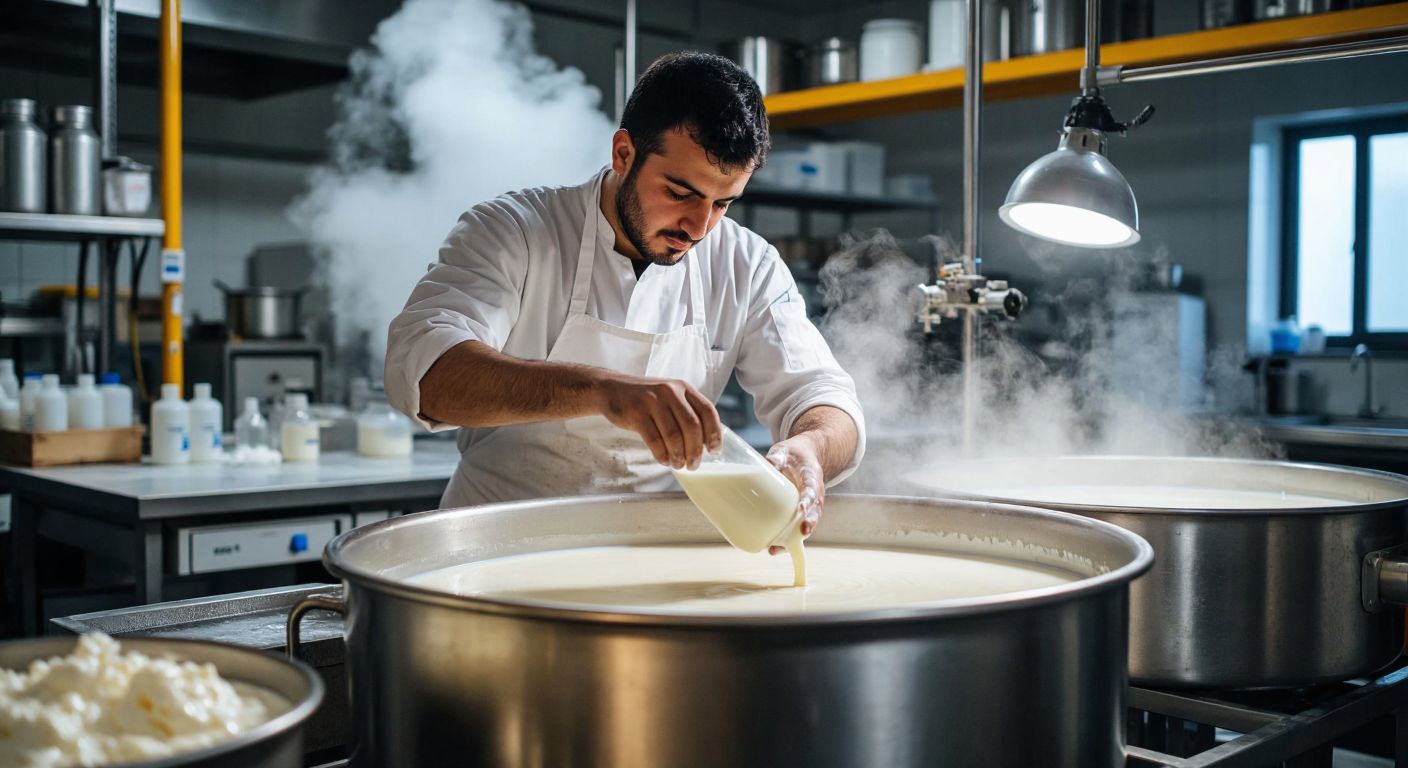 A Turkish dairy worker in a white apron carefully pours fresh milk into a large stainless steel vat, surrounded by lab equipment and steaming liquid, under warm industrial lighting.