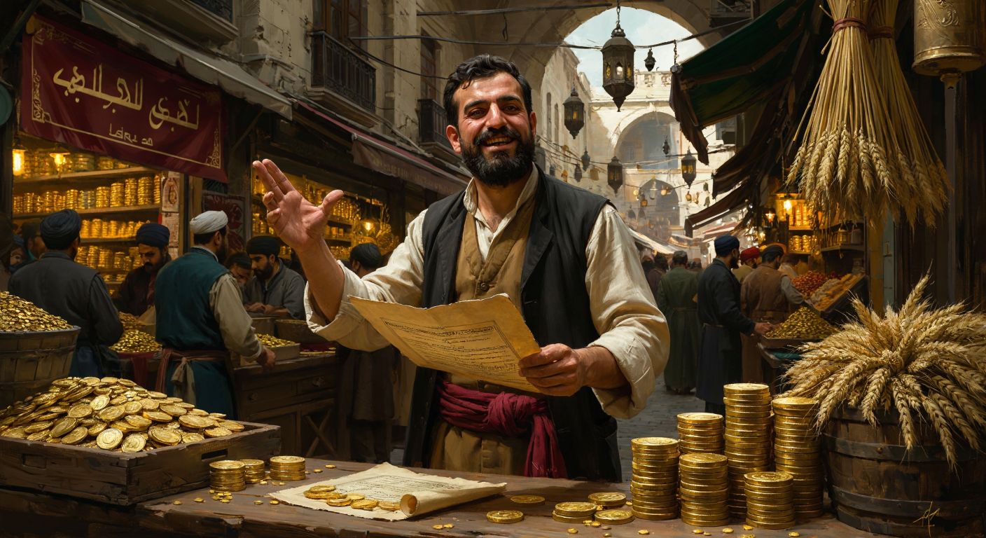 A Turkish trader in a bustling Istanbul bazaar gestures animatedly while holding a scroll resembling a financial contract, with stacks of gold coins and bundles of wheat symbolizing underlying assets beside him.