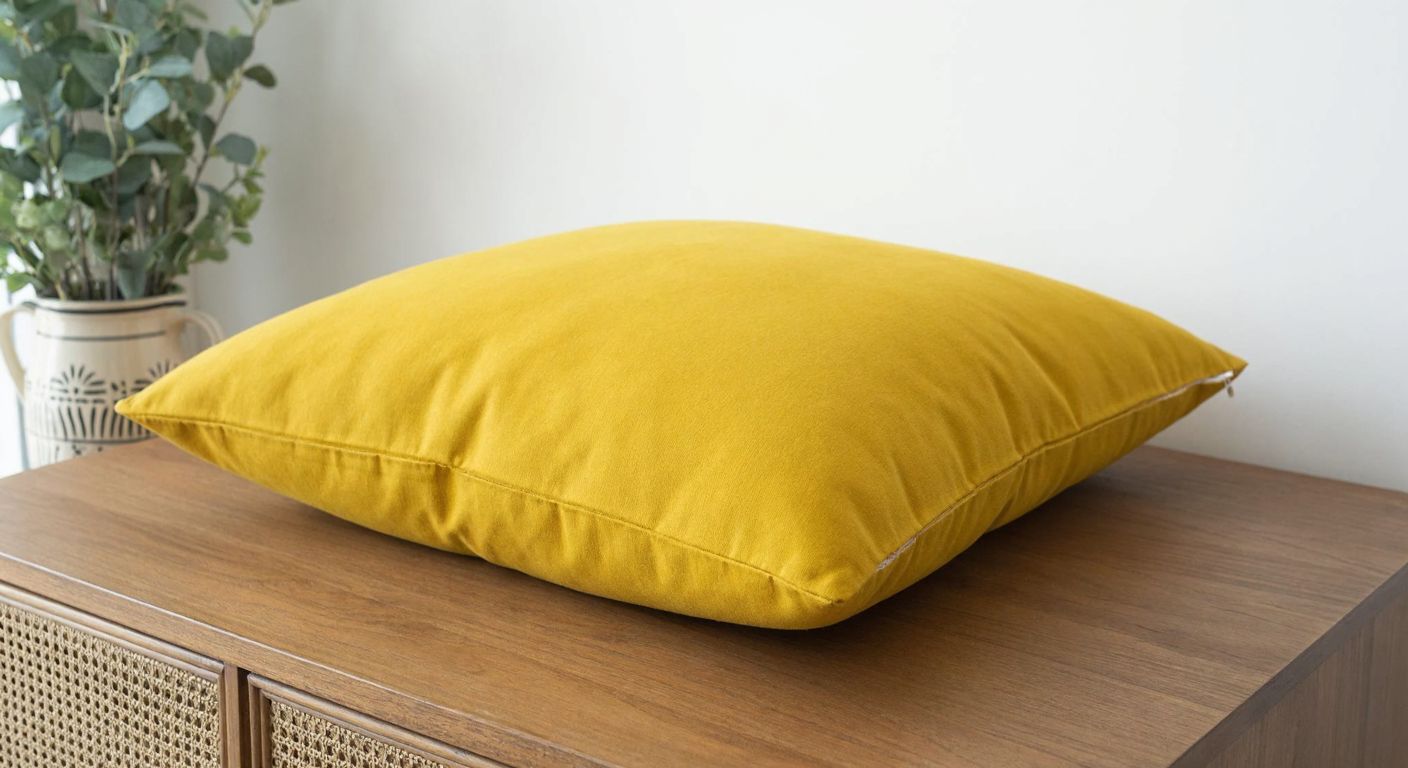 A bright yellow cushion cover with a soft, textured fabric lies neatly folded on a wooden table in a cozy Turkish home, evoking warmth and comfort.