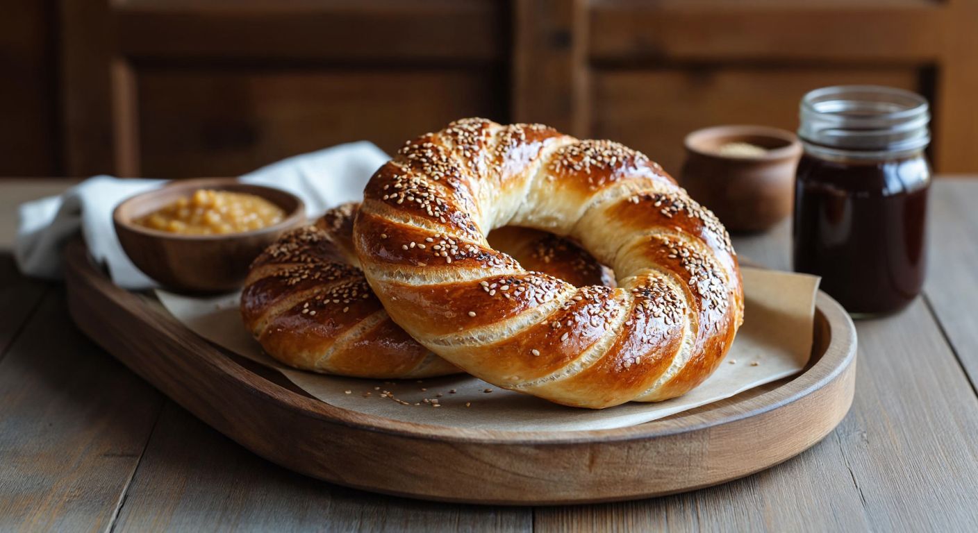 A warm, golden-brown **Arap simidi** rests on a wooden tray, its crust glistening with sesame seeds, beside a bowl of bubbling chickpea yeast and a jar of molasses, evoking the traditional preparation in a sunlit Turkish kitchen.