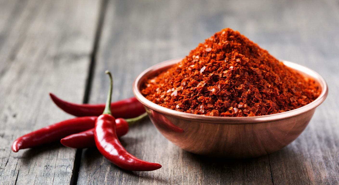 A vibrant red pile of crushed chili flakes in a small copper bowl, placed on a rustic wooden table with a few whole dried red chilies scattered beside it, evoking the fiery heat of Turkish spices.