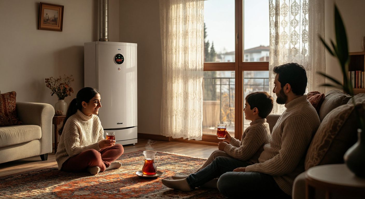 A cozy Turkish living room with a Baymak boiler mounted on the wall, its display glowing softly, while a family wrapped in warm sweaters sits comfortably on a patterned rug, sipping çay from tulip-shaped glasses as sunlight streams through lace curtains.
