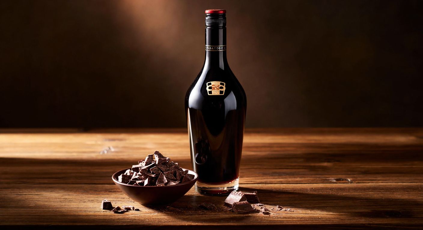 A smooth glass bottle of Baileys Chocolate Liqueur sits on a wooden table beside a small bowl of rich Belgian chocolate shavings, with warm golden light reflecting off the dark liquid inside.