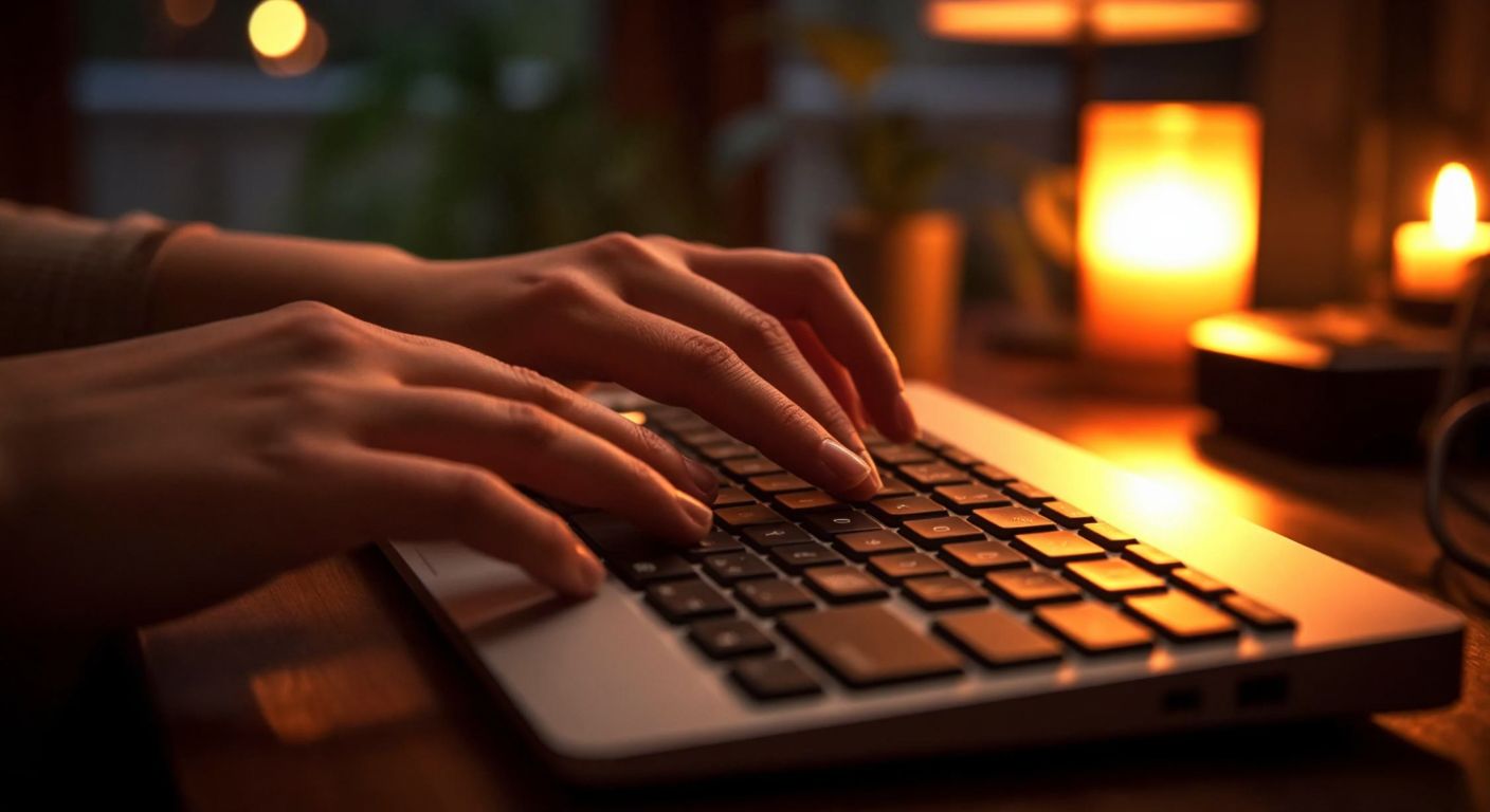 A close-up of a person's hands hovering over a keyboard, with one finger pressing the Shift key and another poised above the number 2 key, illuminated by warm light in a cozy Turkish home setting.