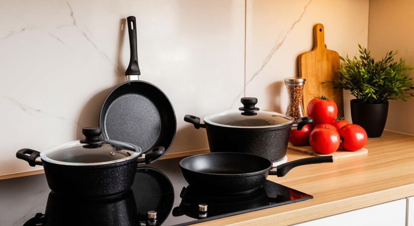 A neatly arranged kitchen counter in Turkey displays three distinct Taç cookware sets—a 5-piece cast iron set, a 3-piece black cast iron pan set, and a 5-piece functional granite set—with a warm, inviting light reflecting off their polished surfaces.