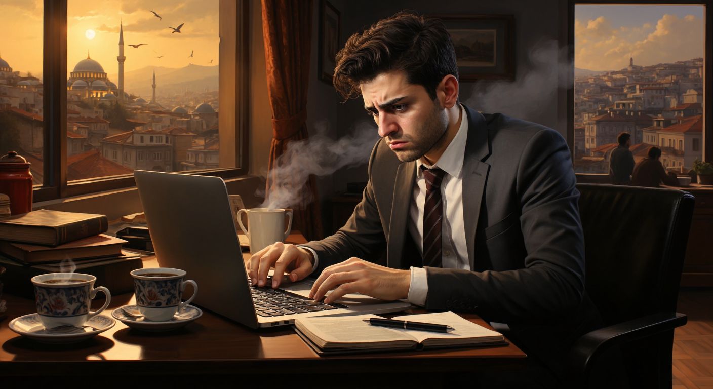 A stressed office worker in Istanbul rapidly typing on a laptop with a steaming cup of Turkish coffee beside them, their brow furrowed in urgency.