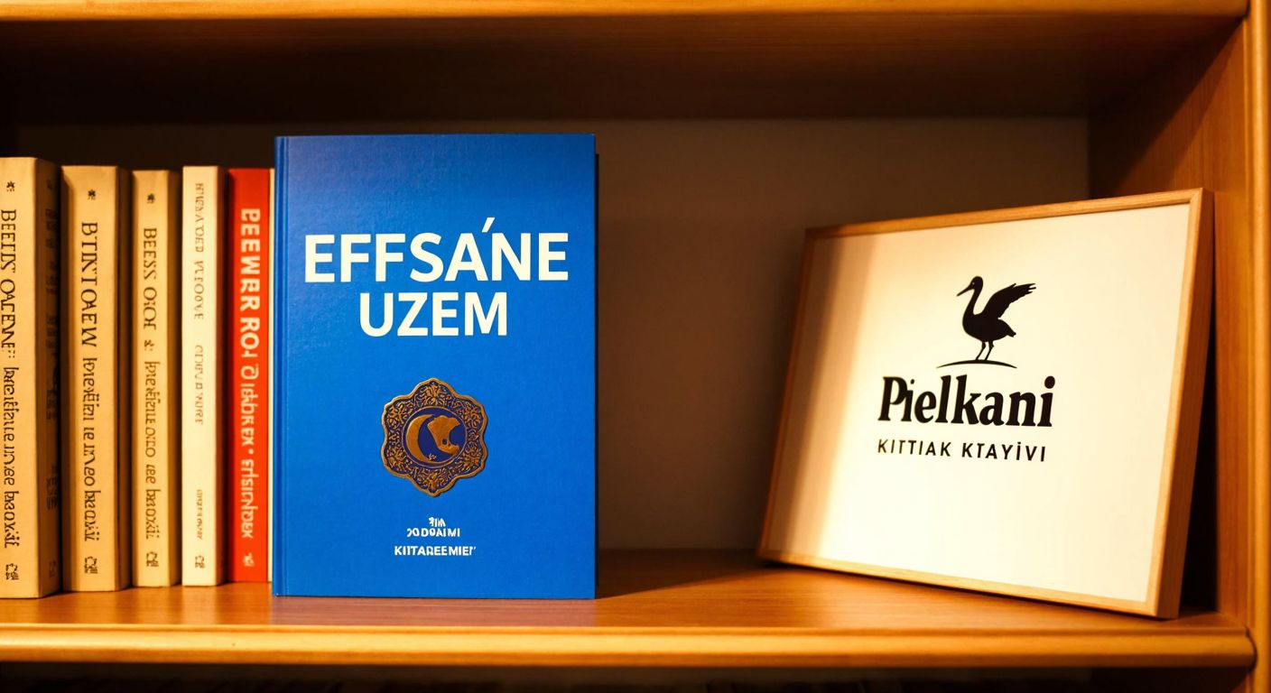 A cozy Turkish bookstore shelf with a prominently displayed "Efsane UZEM" book next to a small Pelikan Kitabevi logo plaque, bathed in warm light.