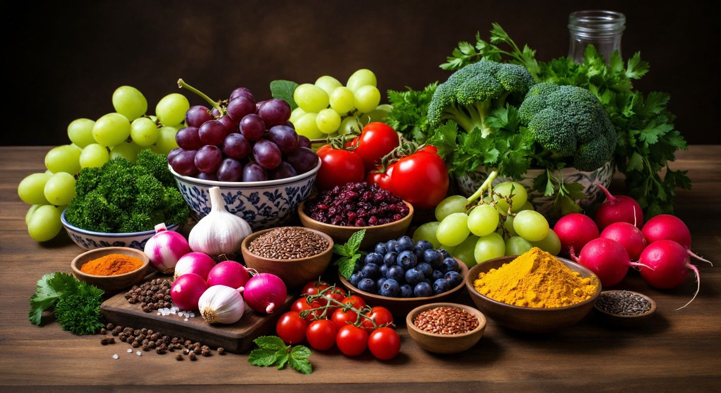 A vibrant wooden table in a Turkish kitchen is filled with fresh garlic, mixed berries, grapes, broccoli, flaxseeds, radishes, turmeric, and green tea, arranged neatly as if for a healthy meal.