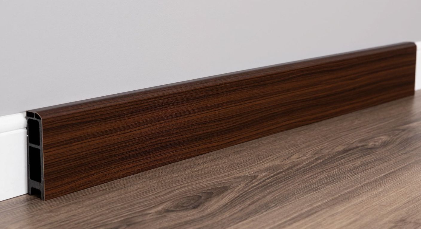 A close-up of a sleek, dark brown PVC baseboard with a wood-like texture, neatly installed along a light-colored wall in a modern Turkish home, blending seamlessly with the laminate flooring.