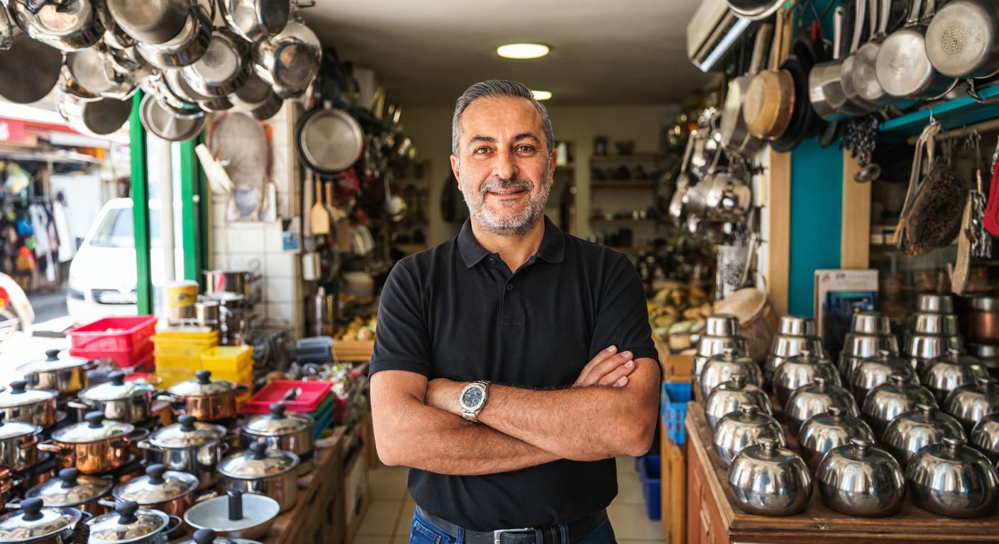 A middle-aged Turkish man with a confident smile stands in a bustling kitchenware shop, surrounded by gleaming pots, pans, and colorful home goods, embodying entrepreneurial pride.