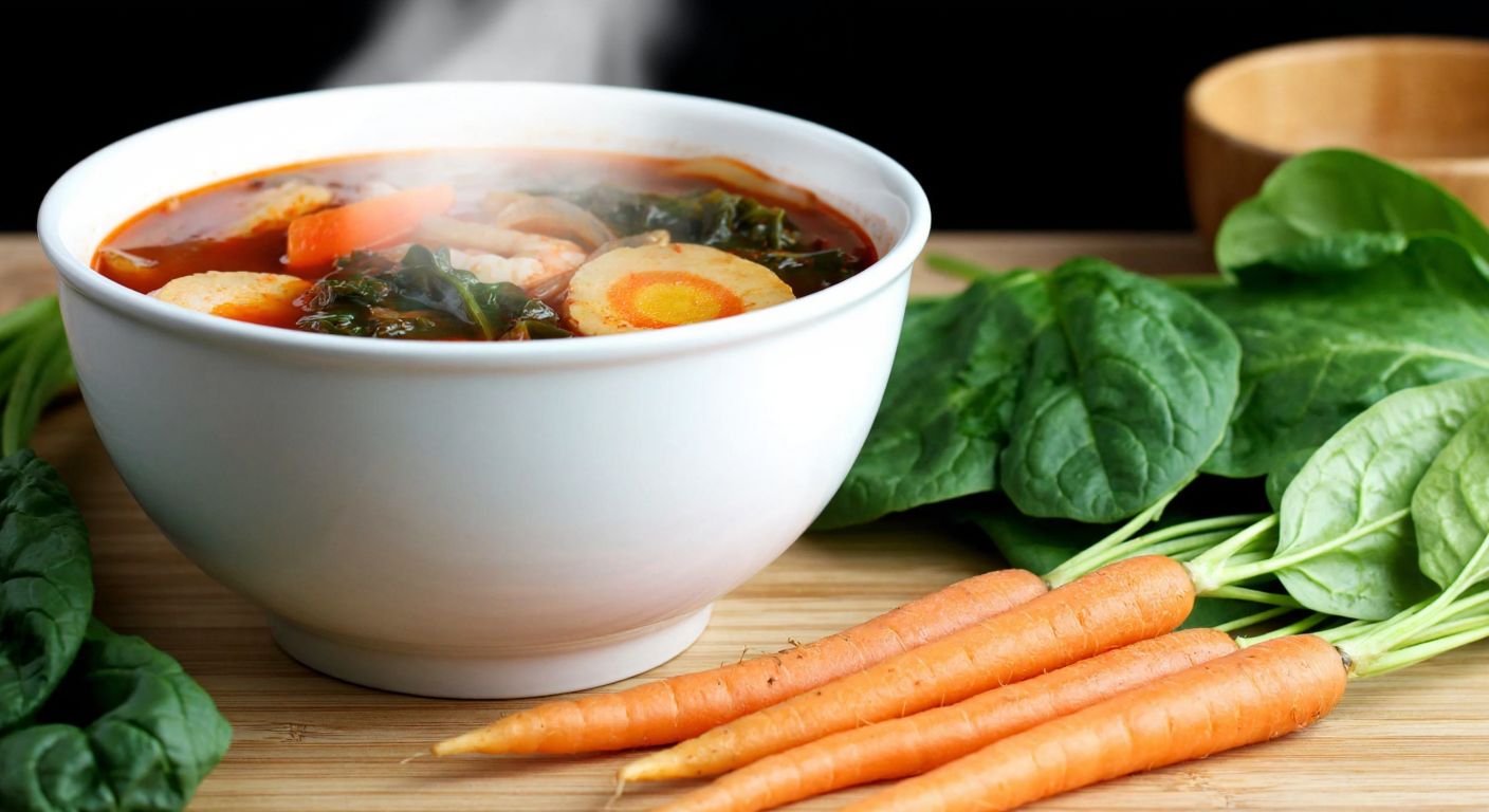 A warm, steaming bowl of Korean-style vegetable soup sits on a wooden breakfast table, surrounded by fresh ingredients like carrots and spinach, evoking a sense of comfort and digestive wellness.