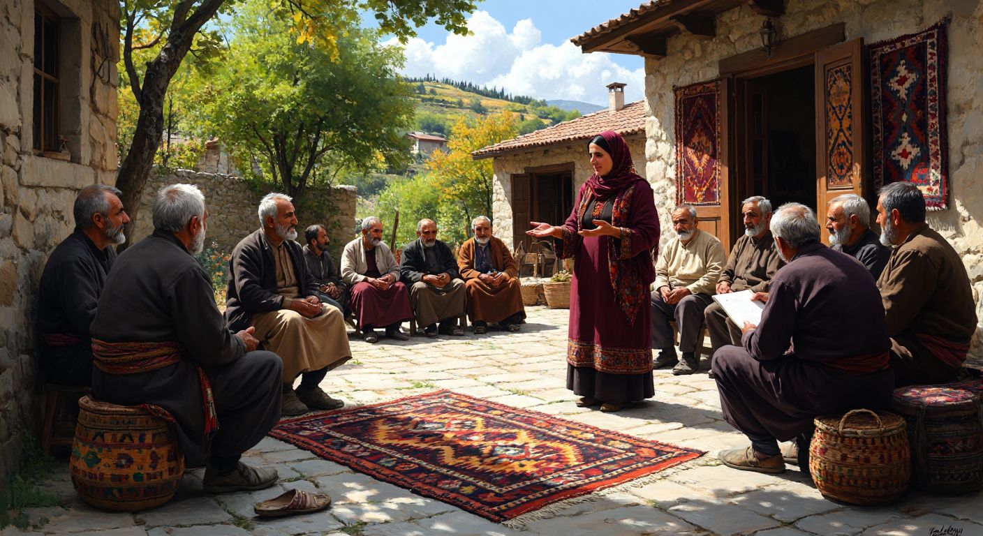 A Turkish anthropologist in a sunlit village square observes a group of elders sharing stories, while an ethnographer nearby sketches a detailed scene of a woman weaving a traditional kilim.