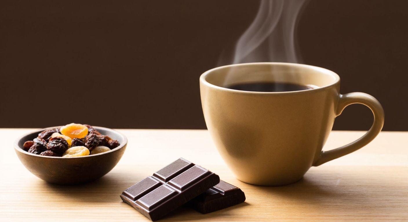 A warm ceramic cup of dark-roasted coffee sits on a wooden table, steam rising gently, with a small bowl of dried fruits and a piece of dark chocolate beside it, evoking the balanced flavors of Petra Acme filter coffee.