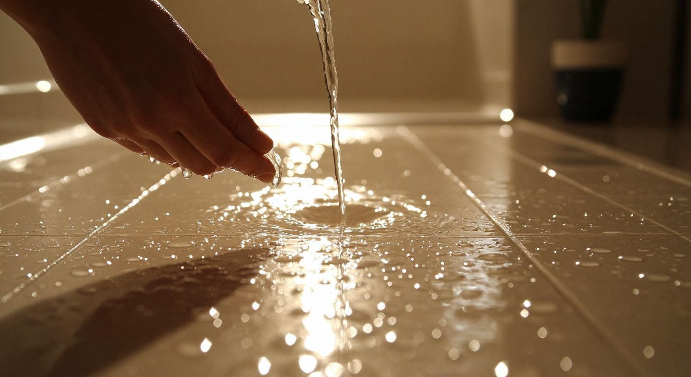 A close-up of smooth, glossy plastic floor tiles in a modern Turkish bathroom, with water droplets beading on the surface and sunlight reflecting off them, while a hand in the background tests the tiles' waterproofness by pouring a small stream of water.