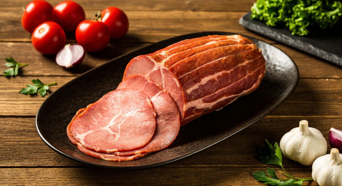 A neatly arranged plate of thinly sliced beef ham on a rustic wooden table, surrounded by fresh vegetables and herbs, with a warm golden light highlighting its lean texture and rich color.
