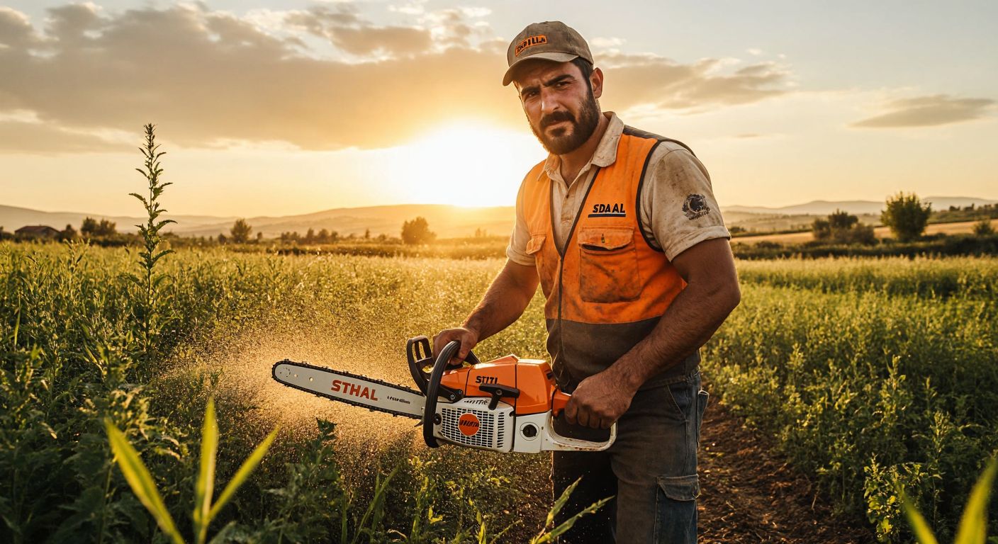 A rugged Turkish farmer in a sunlit field confidently operates a STIHL-branded chainsaw, with a SADAL logo subtly visible on his work vest.