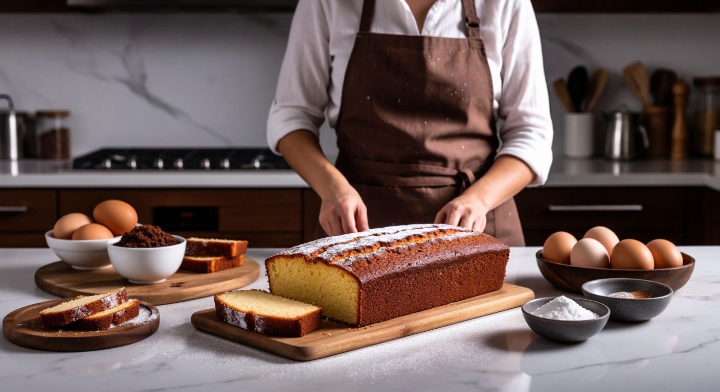 A warm Turkish kitchen with a golden baton cake fresh from the oven, a moist *ıslak kek* cooling on a marble counter, and a smiling home cook in an apron dusted with flour, surrounded by bowls of ingredients like eggs, sugar, and vanilla.