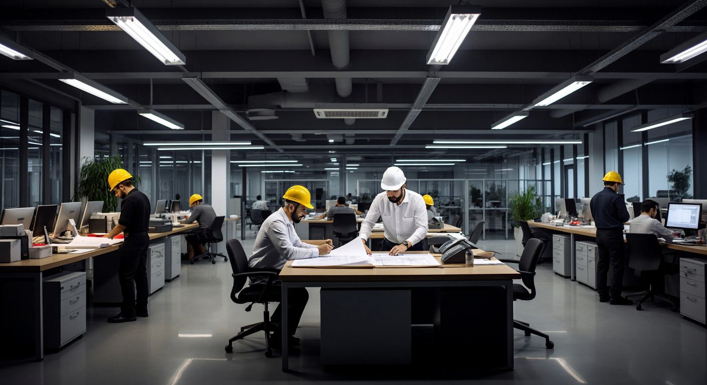 A modern industrial office in Turkey with diverse professionals—engineers in hard hats reviewing blueprints, accountants at desks with calculators, and a security guard at the entrance—all under bright fluorescent lights.