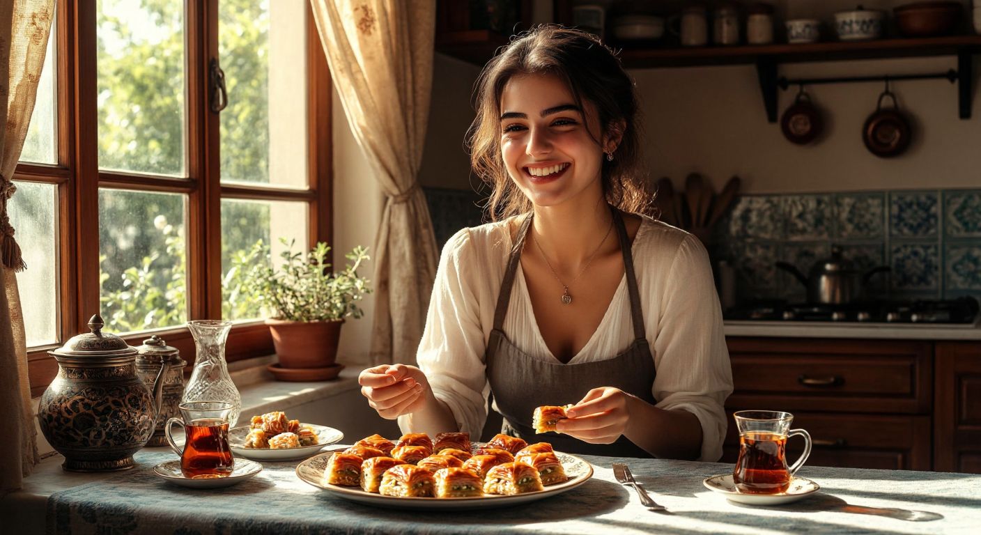 A smiling woman in a cozy Turkish kitchen, chewing gum while clearing a plate of freshly eaten baklava, with sunlight streaming through the window onto a table set with traditional tea glasses.