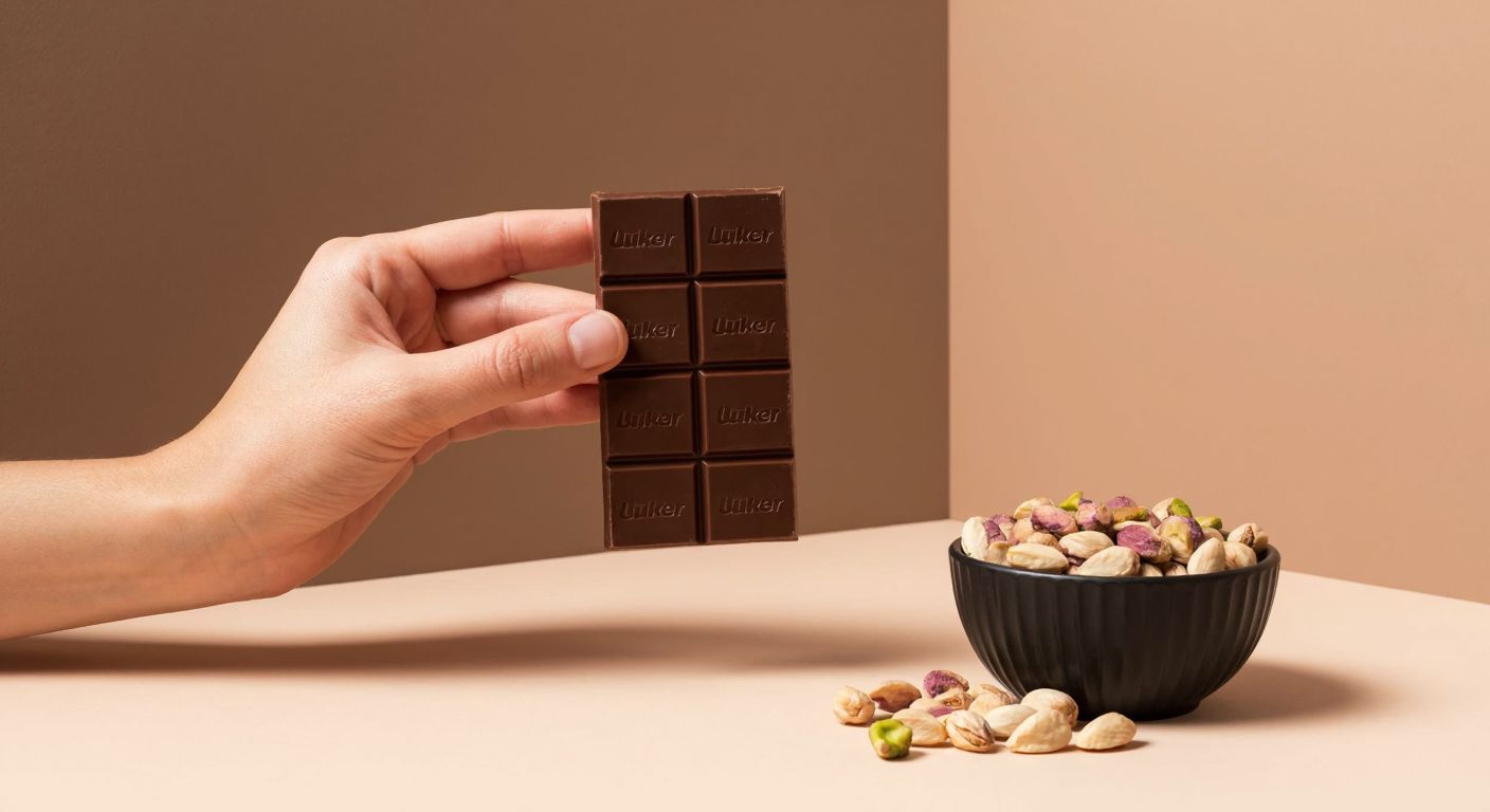 A hand holding a single piece of Ülker pistachio-filled dark chocolate against a warm, neutral-toned background, with a small bowl of shelled pistachios beside it, evoking a sense of indulgence and mindful enjoyment.