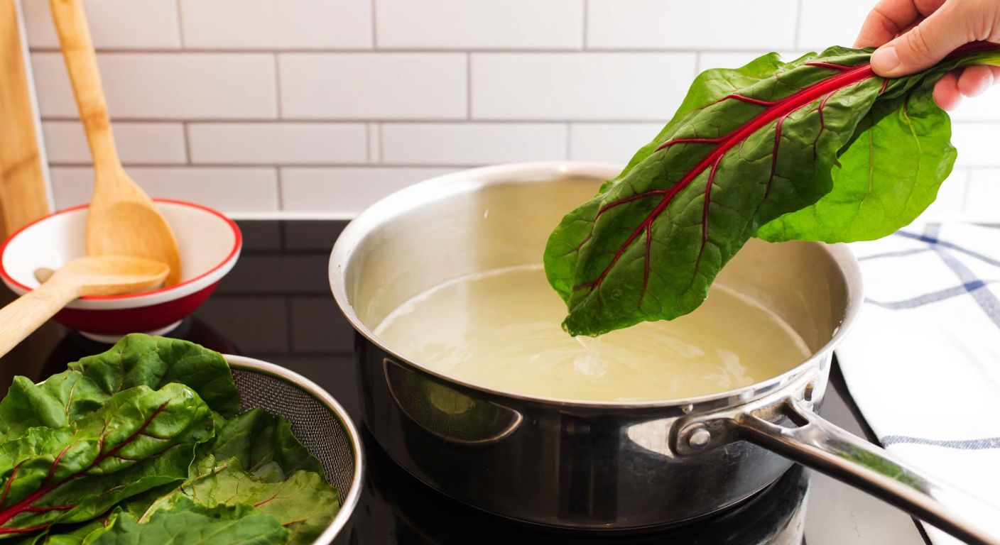 A Turkish kitchen scene with fresh chard leaves being dipped into a steaming pot of boiling water, a wooden spoon nearby, and a colander ready for draining, evoking a warm, traditional cooking atmosphere.