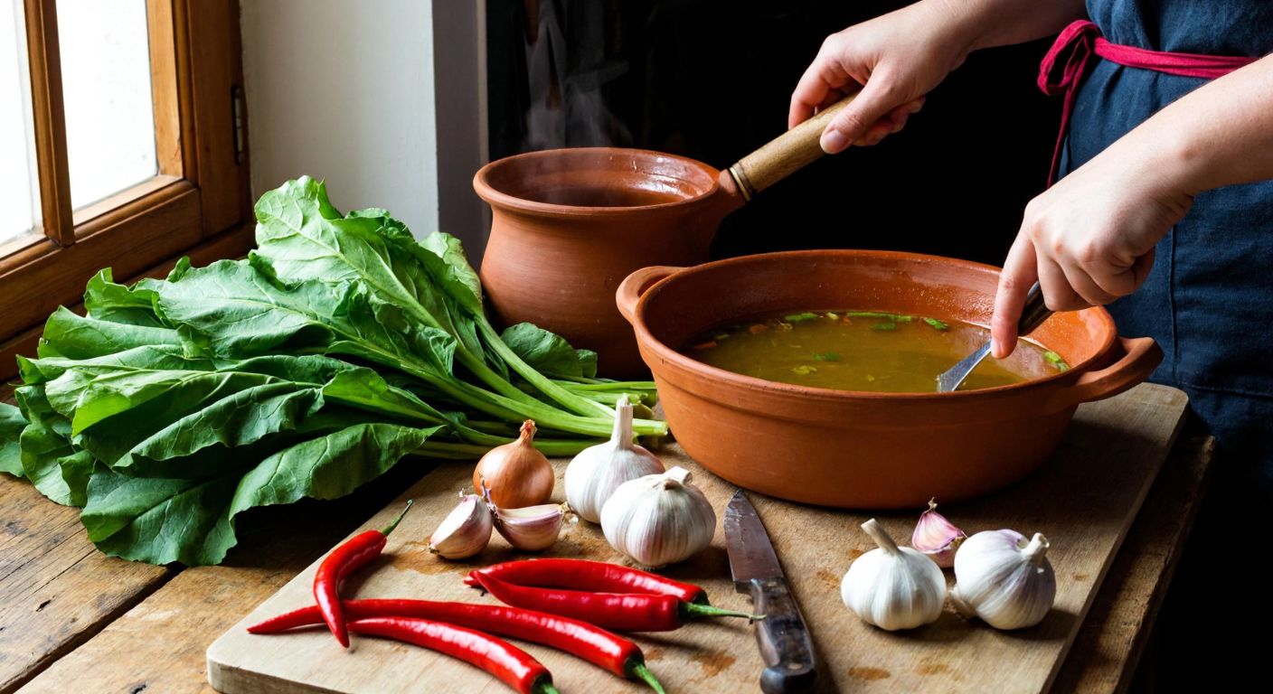 A rustic Turkish kitchen with a wooden table displaying fresh mancar greens, garlic, onions, and red peppers next to a clay pot sizzling with olive oil, while hands chop ingredients with a worn knife.