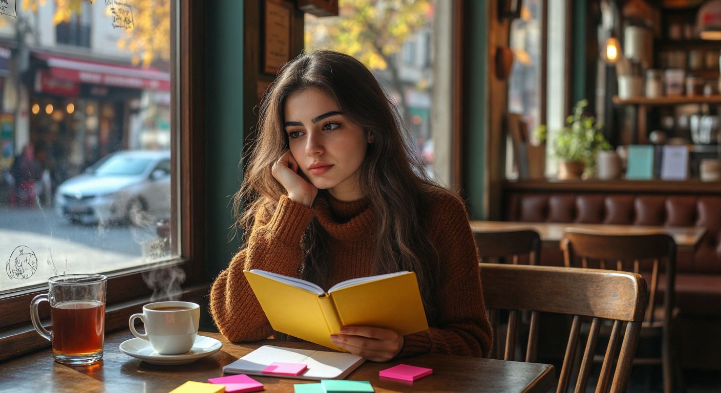 A Turkish woman in a cozy café thoughtfully comparing a structured, dated planner with a blank, undated notebook, surrounded by steaming çay and scattered colorful sticky notes.