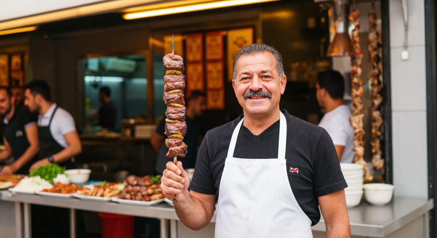 A smiling middle-aged man with a mustache, wearing a white apron, stands proudly in front of a bustling kebab restaurant in Turkey, holding a sizzling skewer of grilled meat.