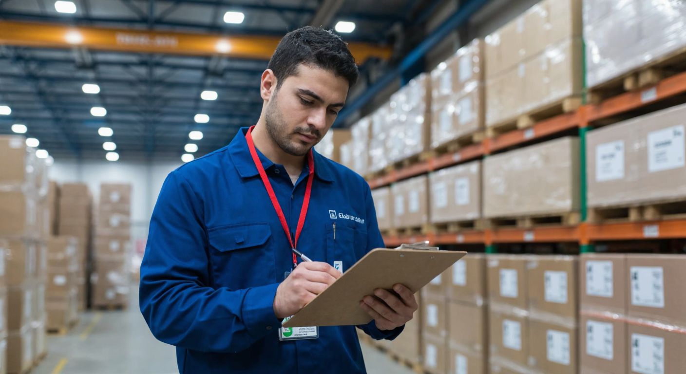 A focused Turkish supply officer in a bustling warehouse, wearing a blue uniform and a lanyard, checks inventory on a clipboard while stacks of labeled boxes and pallets surround him under bright industrial lights.