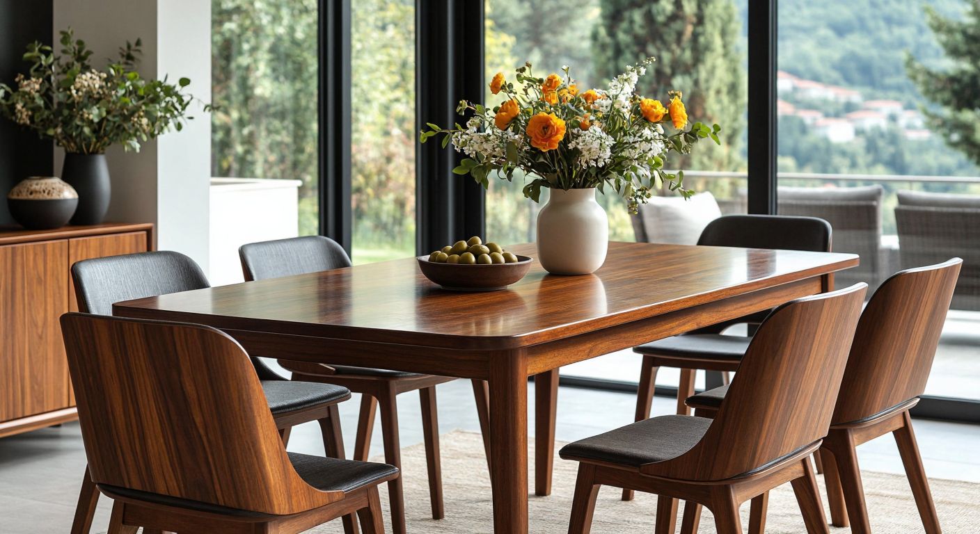 A sleek, modern dining set with a polished wooden table and matching chairs, placed in a bright Turkish home with a vase of fresh flowers and a traditional ceramic bowl of olives on the table.