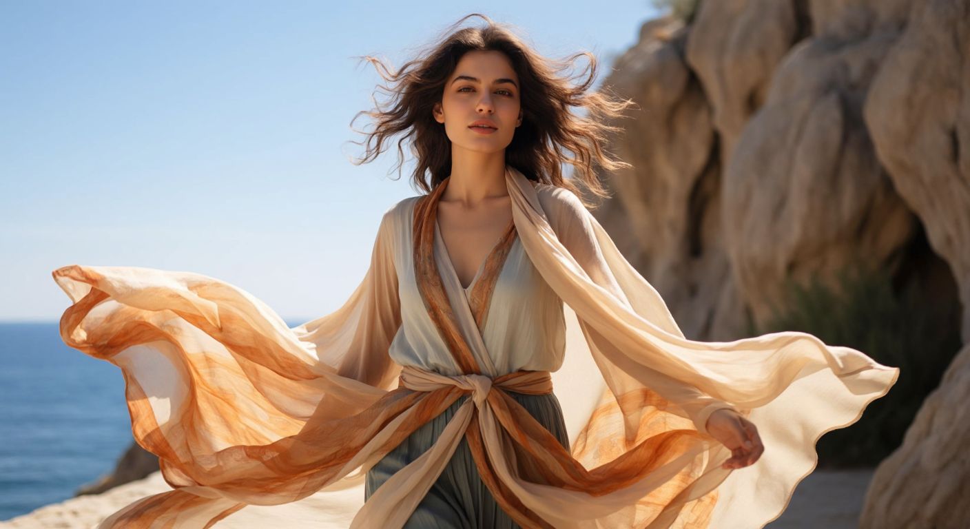A woman in a flowing, lightweight *bürümcük* scarf walks comfortably under the warm Turkish sun, her skin dry and relaxed, with the sheer fabric gently billowing in the breeze.