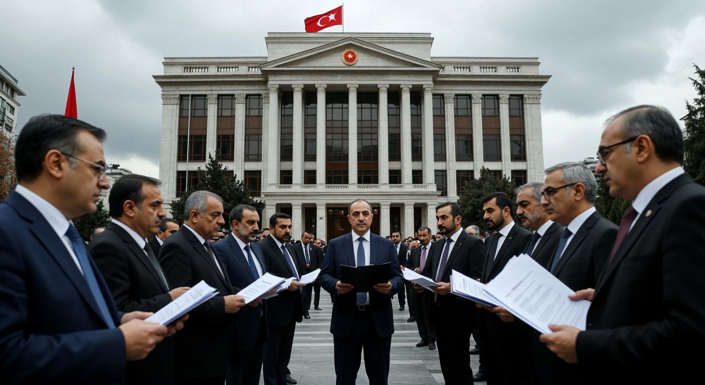 A solemn Turkish government building with the BDDK and TMSF logos discreetly displayed, surrounded by concerned citizens in formal attire holding documents, under a cloudy sky.