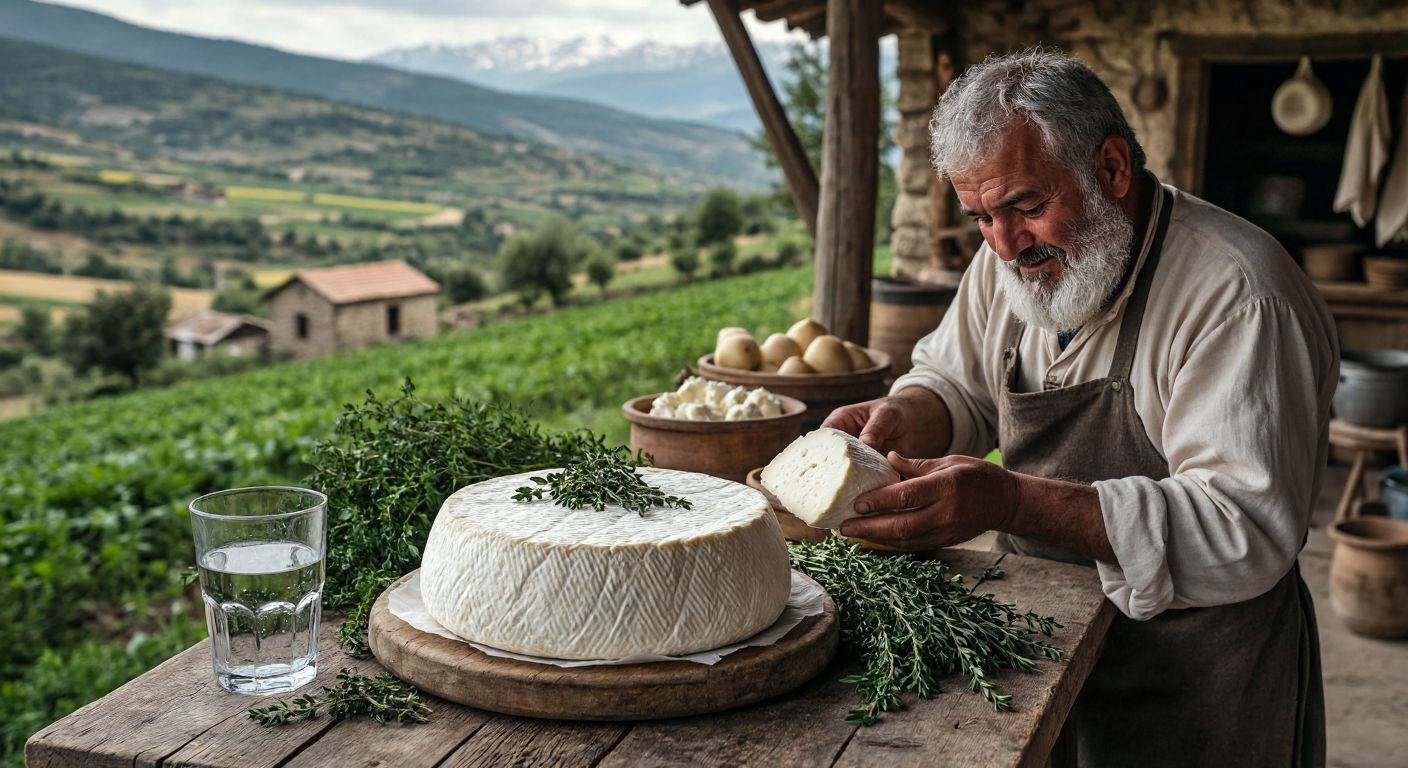 A rustic wooden table in a Turkish village setting holds a round of Şavak Tulum cheese wrapped in cloth, with fresh herbs and a glass of water beside it, while a farmer in traditional attire carefully inspects the cheese with a mix of pride and concern.
