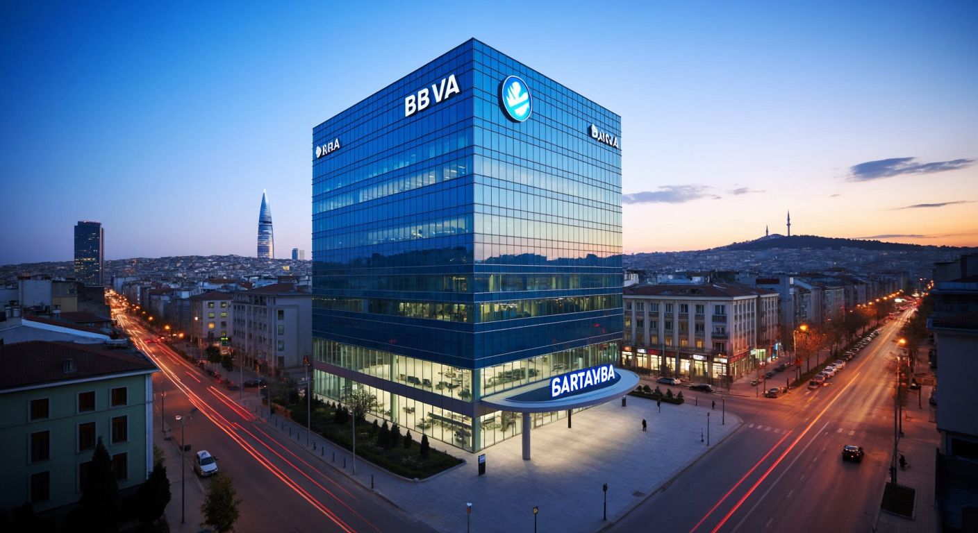 A modern bank building with the Spanish BBVA logo subtly integrated into its glass facade standing beside a sleek Turkish Garanti Bank branch, symbolizing their partnership under a bright Istanbul skyline.