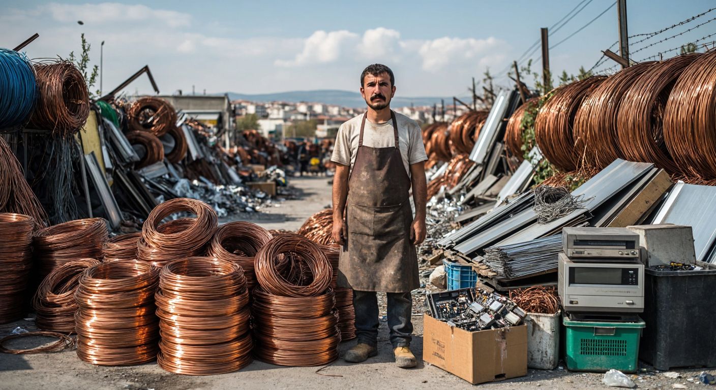 A cluttered but organized scrapyard in Turkey, with piles of gleaming copper wires, stacked aluminum sheets, and discarded electronics, under the watchful eye of a scruffy, mustachioed scrap dealer in a worn apron.