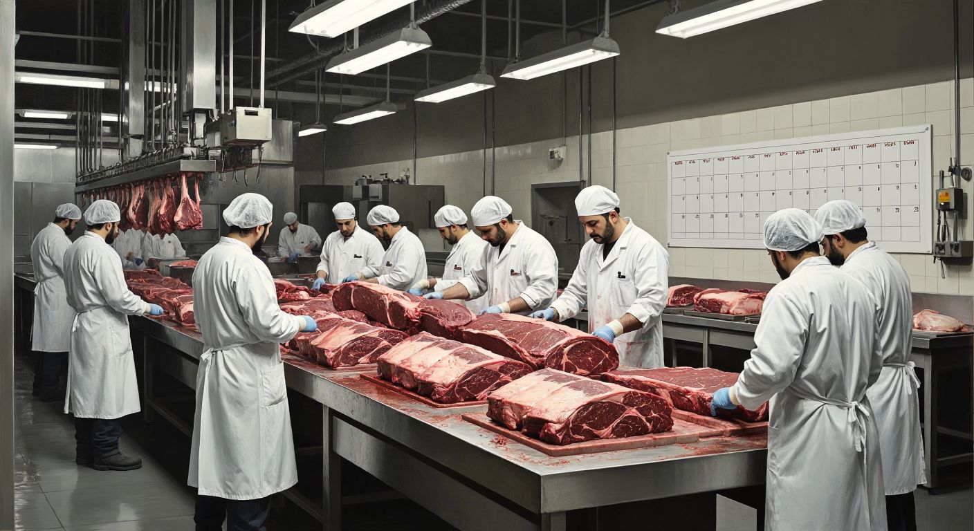A bustling Turkish meat processing facility with workers in white coats and hairnets handling large cuts of beef, while a calendar on the wall subtly marks mid-January without visible dates.  

(Note: The calendar is included as a visual placeholder for the timeframe but does not display text or numbers, adhering to the constraints.)