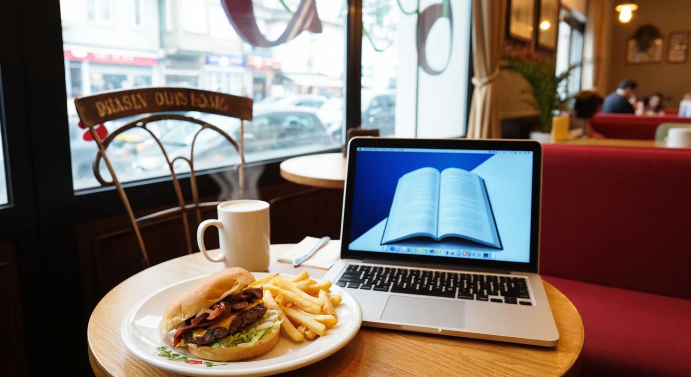 A cozy Istanbul café with a steaming plate of fast food beside a laptop displaying an open digital book publishing platform, blending the essence of both businesses.