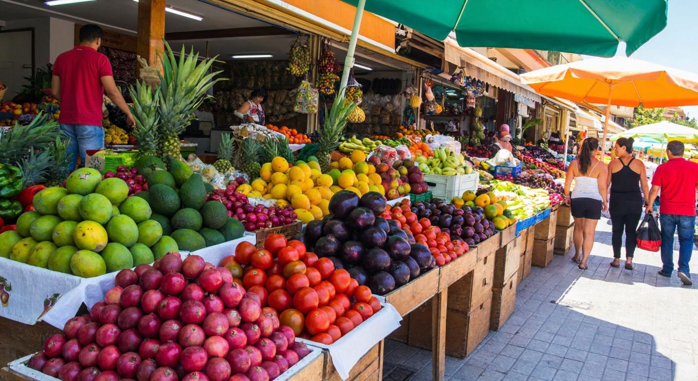 A bustling open-air market in Alanya with vibrant stalls overflowing with fresh fruits like mangoes, avocados, and pomegranates, and colorful vegetables like tomatoes, eggplants, and peppers, surrounded by locals in casual summer attire haggling and shopping under the warm sun.