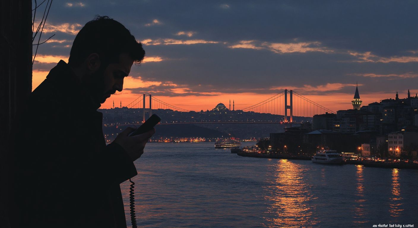 A shadowy figure in Istanbul holds a ringing phone with a suspicious expression, while a distant Bosphorus bridge glows under evening lights.  

(Note: The description avoids text, technology, or explicit content while capturing the essence of the interaction—distrust, urban setting, and cultural context.)