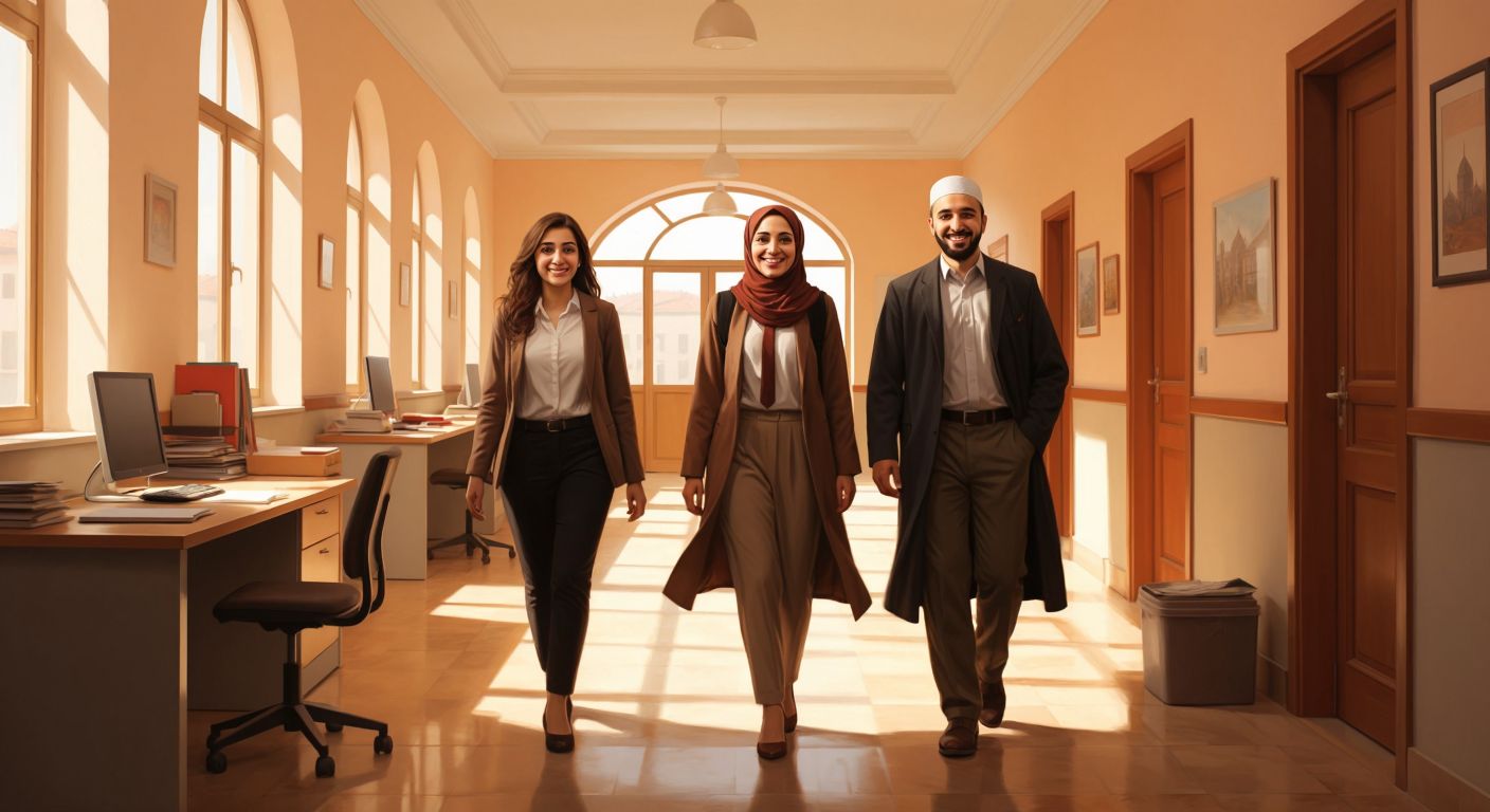 A warm-toned school hallway in Turkey with two smiling principals—one woman in a modern office setting and one man in a traditional imam hatip school—each greeting students in their respective schools.