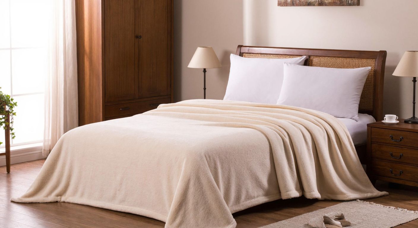 A neatly made single bed in a cozy Turkish bedroom, draped with a soft, cream-colored pike that slightly spills over the edges, surrounded by warm wooden furniture and soft morning light filtering through sheer curtains.