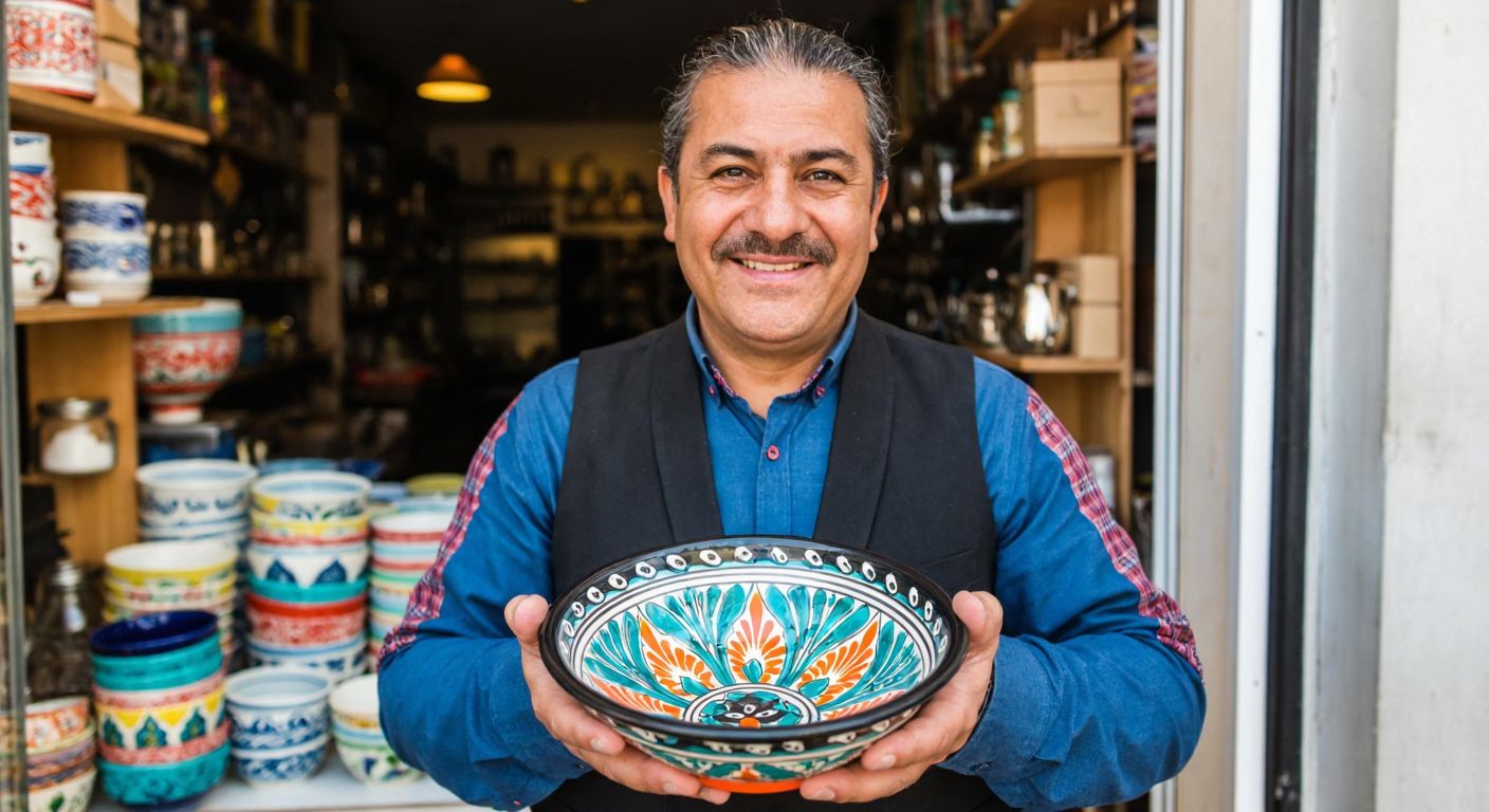 A Turkish shopkeeper proudly displaying a unique ceramic bowl with a distinct painted pattern, symbolizing brand identity and legal protection.