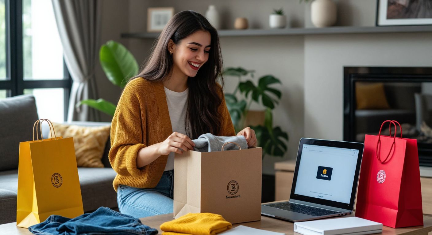 A smiling Turkish woman in a modern home happily unboxes a branded shopping package with quality clothing items, surrounded by shopping bags and a laptop displaying a secure checkout screen.
