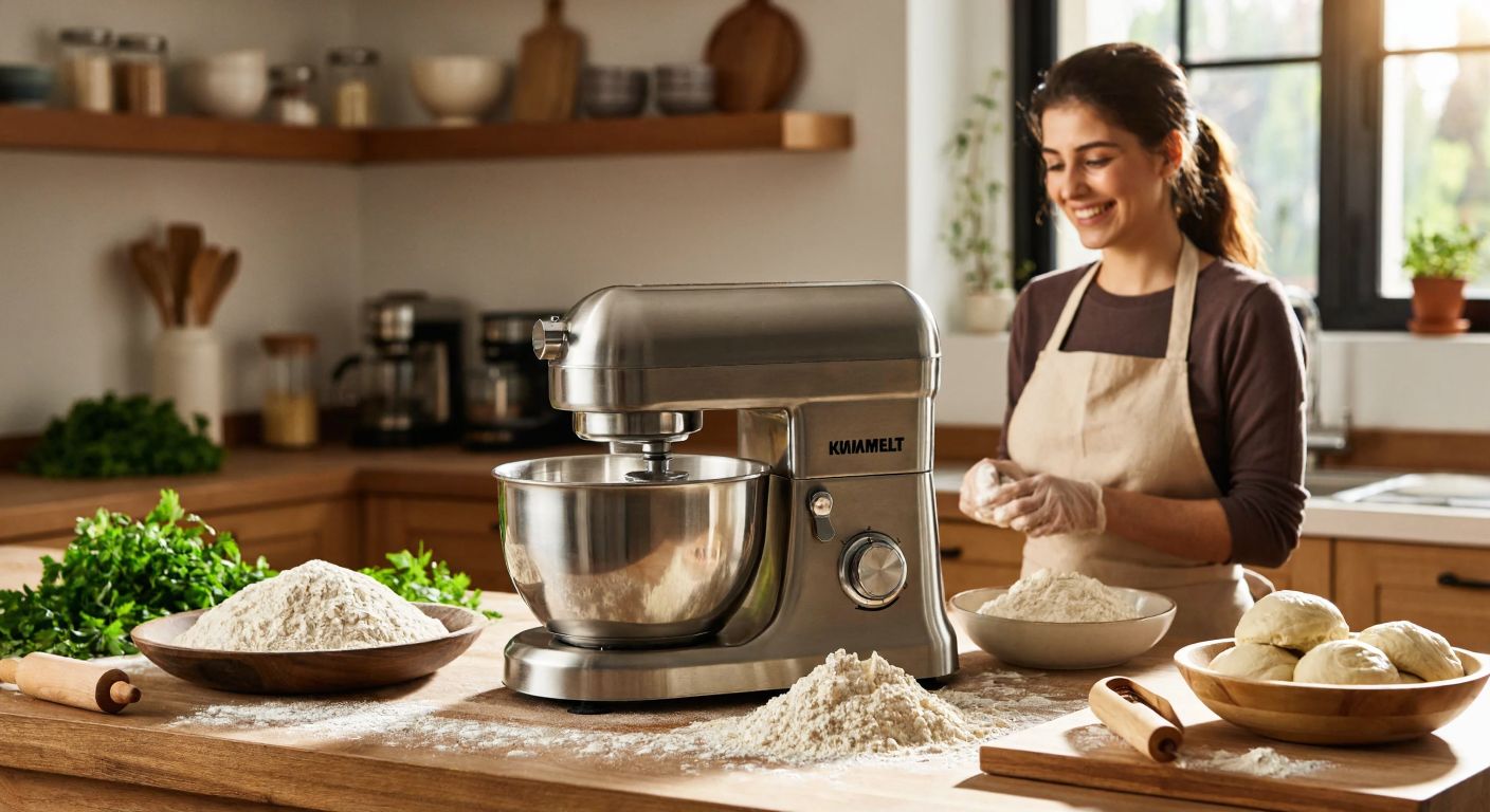 A stainless steel Kumtel Pro dough kneading machine sits on a sunlit kitchen counter in Turkey, surrounded by fresh flour, a wooden rolling pin, and a bowl of smooth, elastic dough, with a smiling woman in an apron admiring the results.