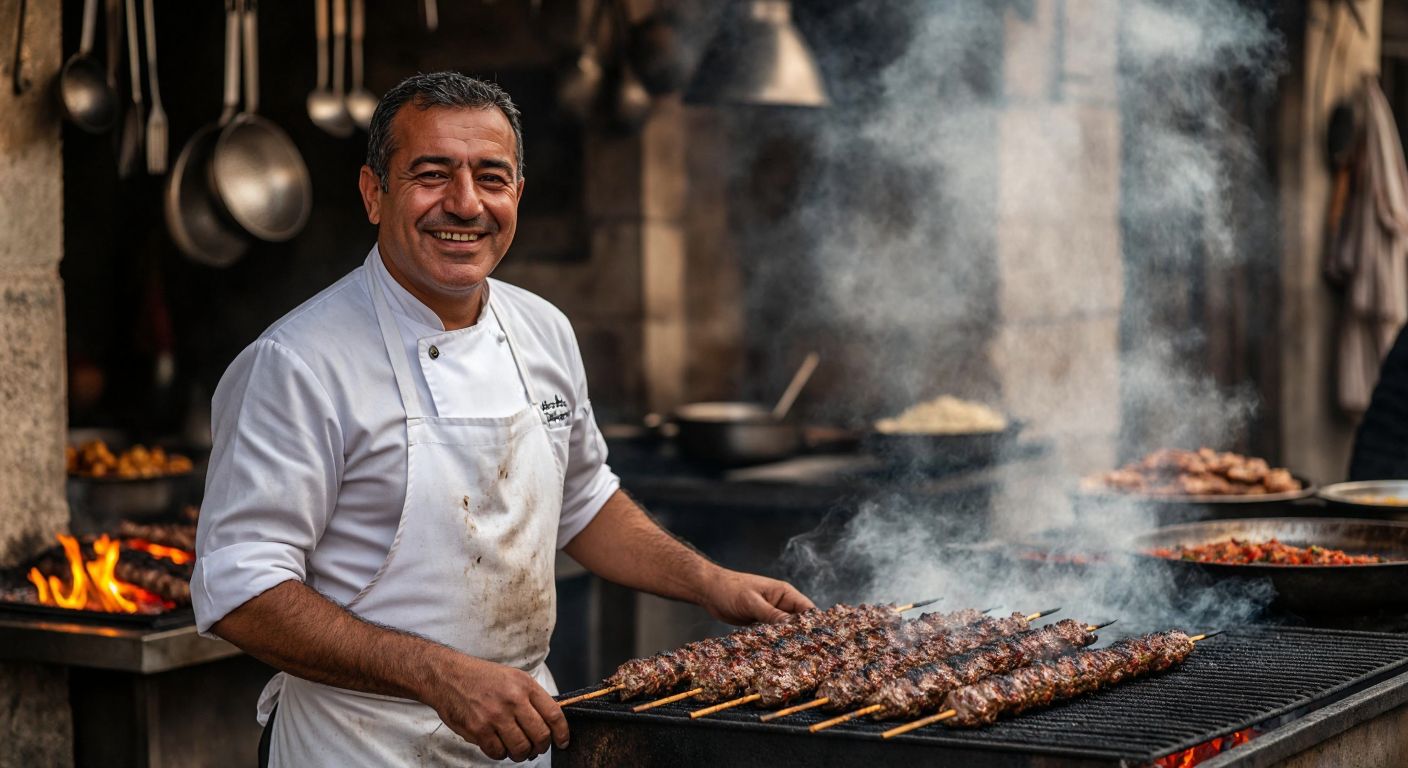 A middle-aged man with a warm smile and a white chef's apron stands proudly in front of a sizzling kebab grill, the smoky aroma rising as golden skewers of Adana kebab cook over glowing embers, with hints of Mardin's spice-filled bazaars reflected in his confident posture.